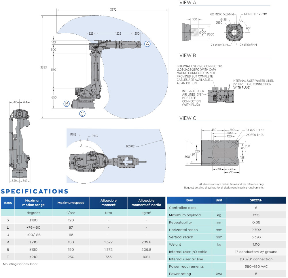 SP225H robot spec diagram